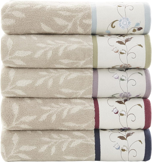 Serene 100% Cotton Bath Towel Set Luxurious Floral Decorative Towels for Bathroom Embroidered Cotton Jacquard Design Soft Highly Absorbent for Shower 600 GSM, Multi-Sizes, Purple 6 Piece