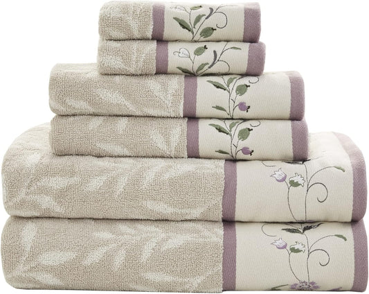 Serene 100% Cotton Bath Towel Set Luxurious Floral Decorative Towels for Bathroom Embroidered Cotton Jacquard Design Soft Highly Absorbent for Shower 600 GSM, Multi-Sizes, Purple 6 Piece